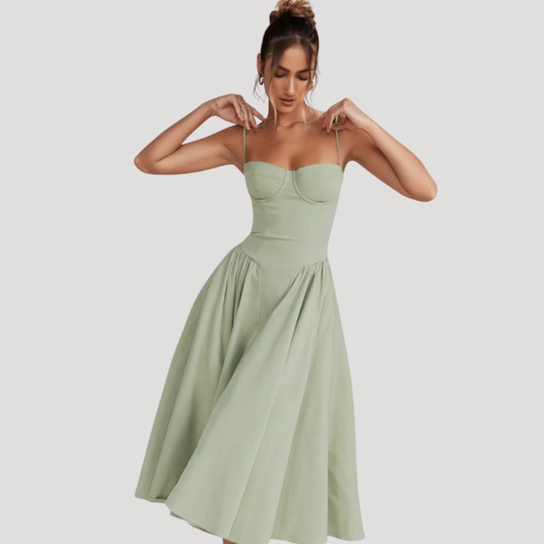 designer emerald green short sleave dress formal for wedding Corset Bodice Midi Dress for Holidays – GRAND LONDON