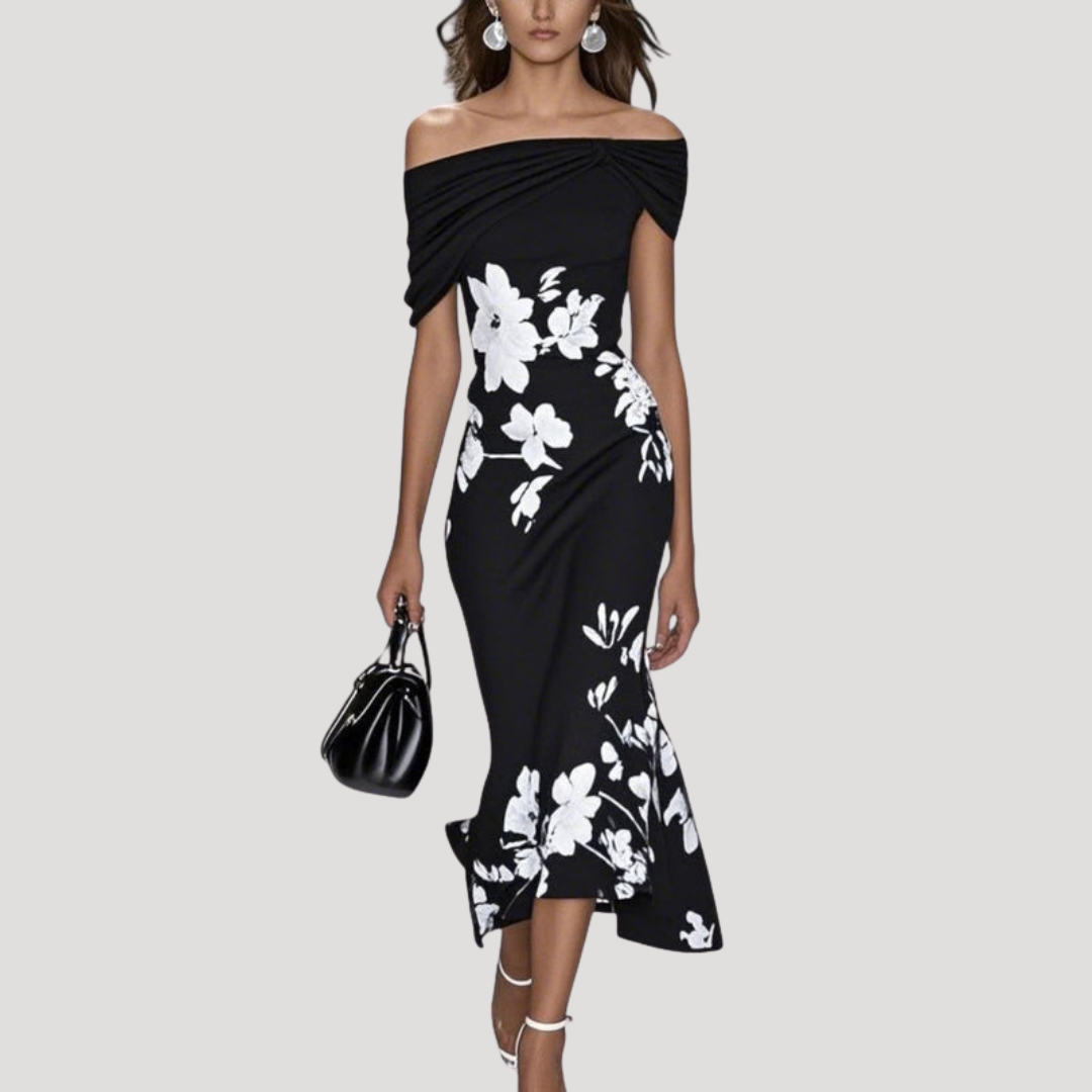 black floral off the shoulder midi dress Elegant Black Floral Off-shoulder Midi Dress