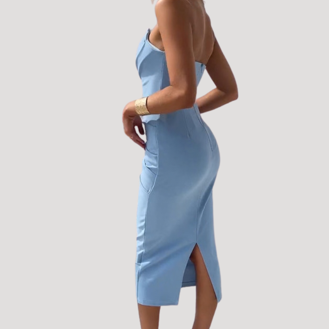 strapless tight midi dress Ruched Strapless Bodycon Midi Dress for Evening Parties – GRAND LONDON