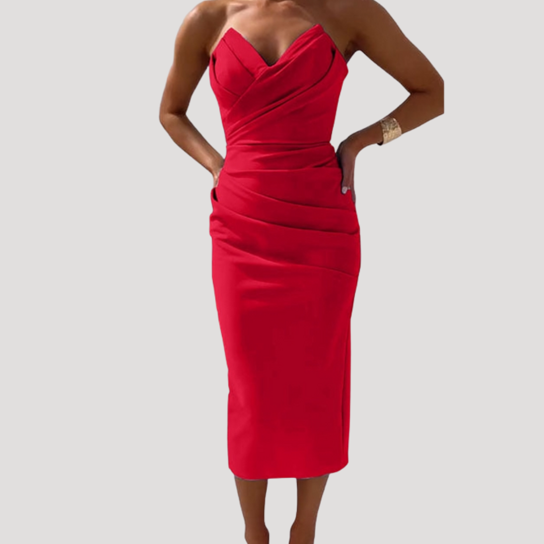 red strapless bodycon midi dress Strapless Bustier Midi A Line Dress Red