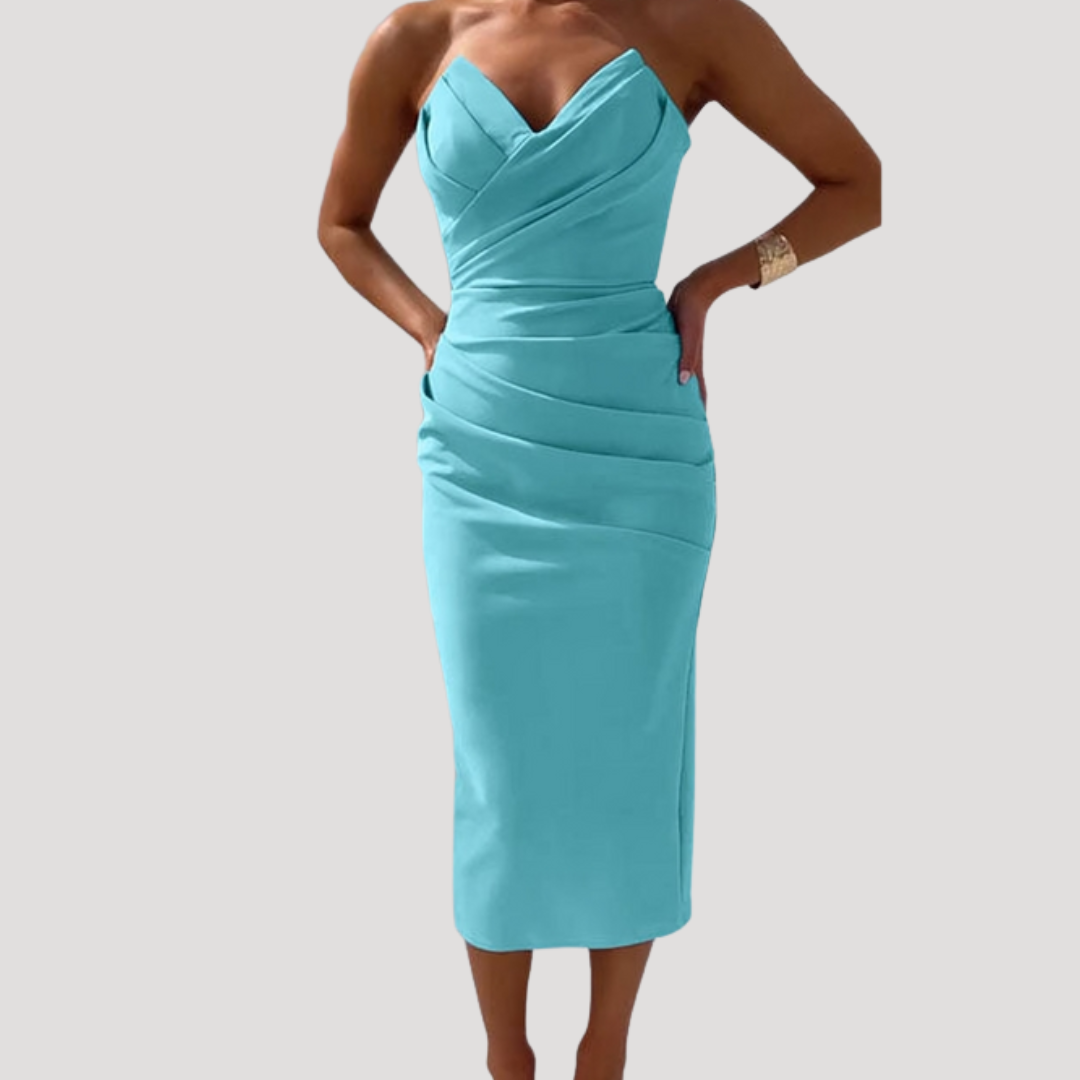 ruched strapless midi dress Champagne Gold Strapless Ruched Midi Dress 4