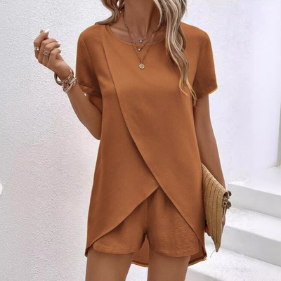 Felora – Short Sleeve Overlap Top & Shorts Set