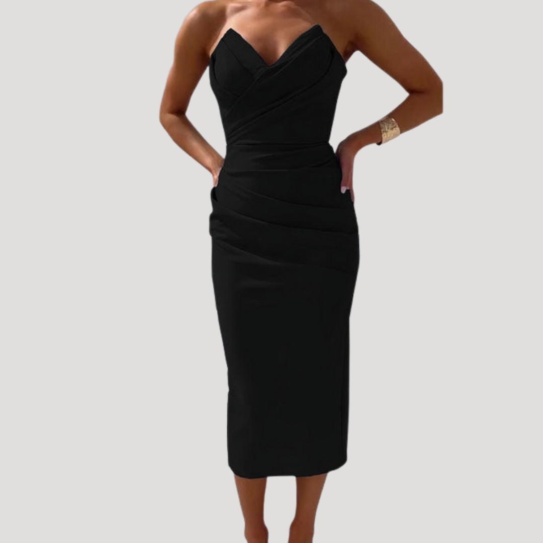Ruched Strapless Bodycon Midi Dress for Evening Parties – GRAND LONDON