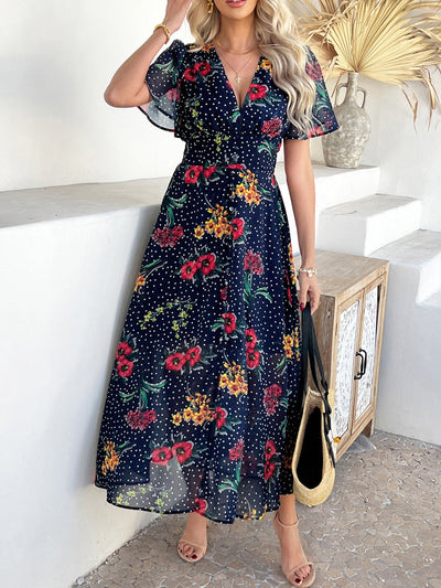 Cali | Floral Polka Dot V-Neck Tummy-Flattering Maxi Dress