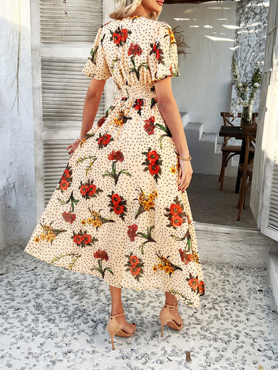 Cali | Floral Polka Dot V-Neck Tummy-Flattering Maxi Dress