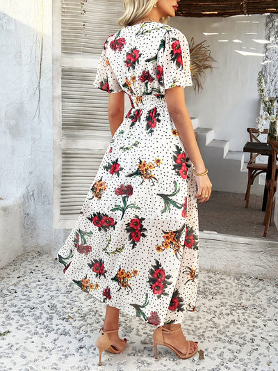 Cali | Floral Polka Dot V-Neck Tummy-Flattering Maxi Dress
