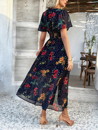 Cali | Floral Polka Dot V-Neck Tummy-Flattering Maxi Dress