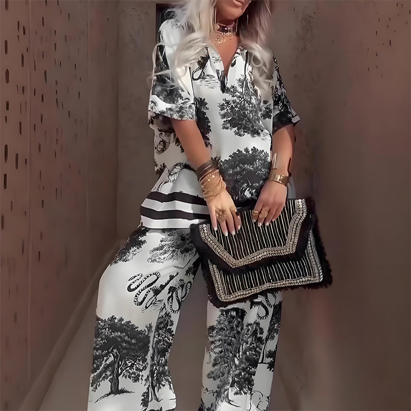 Clara™ |Printed Top with V-Neck + Long Pants